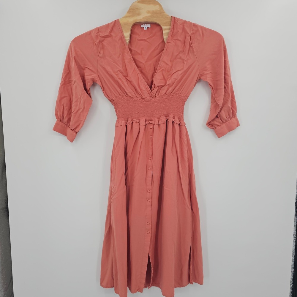 Q+A Los Angeles‎ Womens Smocked Waist Deep V Front Midi Dress Terracotta Coral M
